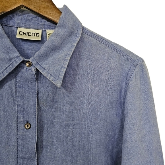Chico's linen blue 3/4 sleeve button shirt size medium - Picture 3 of 10